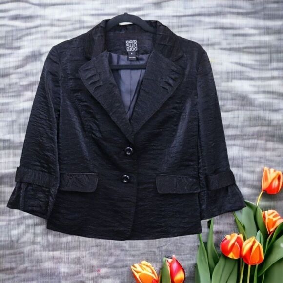 New Clara Sun Woo Black Shimmery Ruffle Sleeve Jacket M - Picture 1 of 6